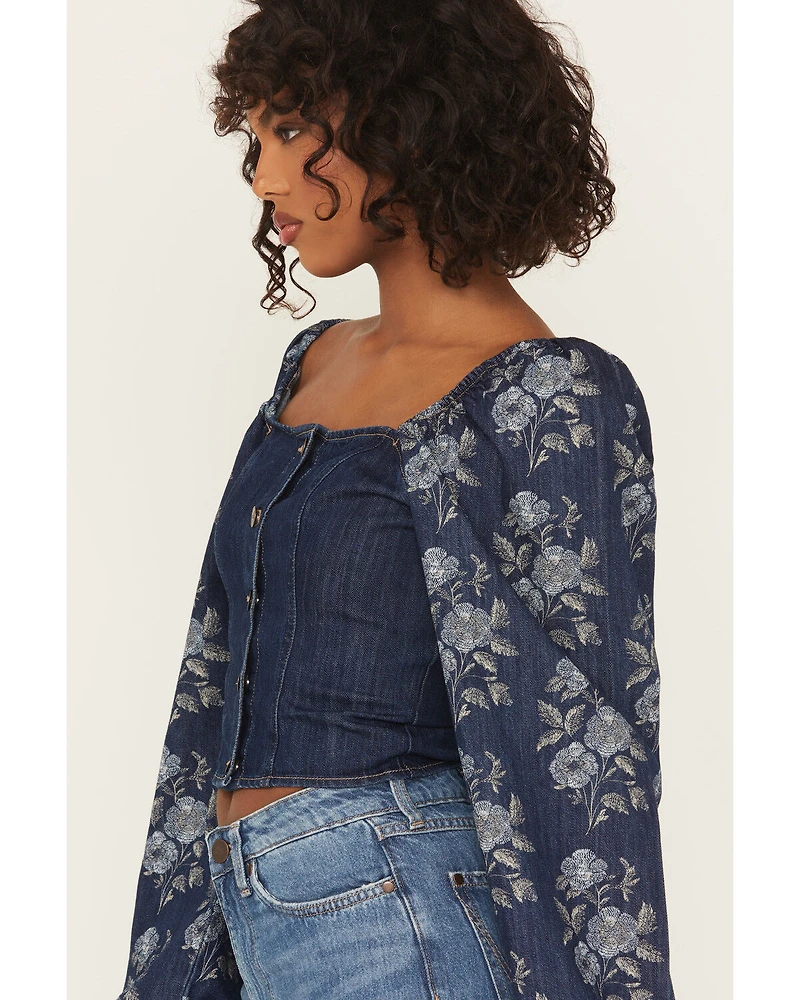 Wrangler Retro Women's Floral Tapestry Sleeve Denim Blouse
