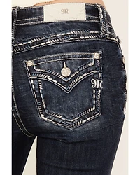 Miss Me Women's Dark Wash Mid Rise Whip Stitch Pocket 32" Bootcut Stretch Denim Jeans