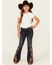 Grace LA Girls' Dark Wash Floral Embroidery Flare Stretch Denim Jeans