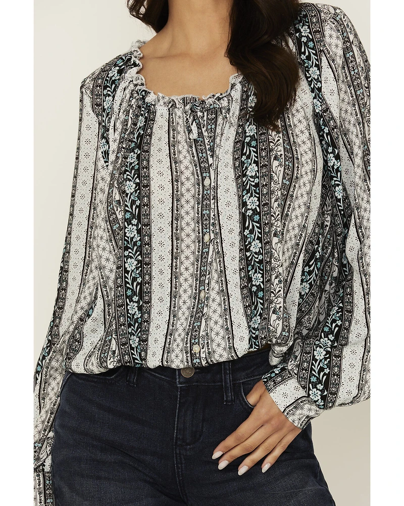Wild Moss Women's Floral Striped Print Long Sleeve Peasant Shirt