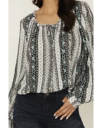 Wild Moss Women's Floral Striped Print Long Sleeve Peasant Shirt