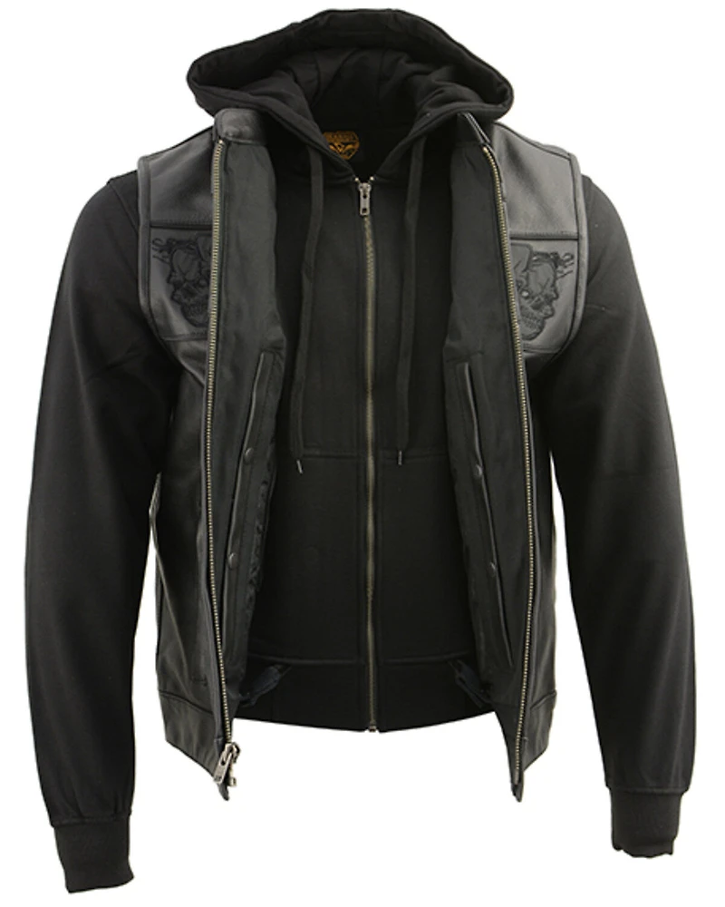Milwaukee Leather Men's Leather Concealed Carry Vest with Reflective Skulls and Removeable Hoodie - 4X