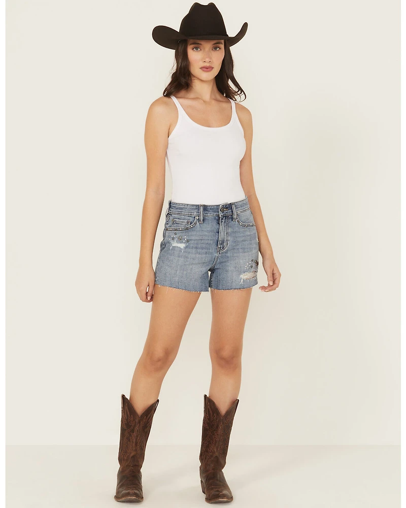 Shyanne Women's Novelty Western Studded Medium Wash High Rise Stretch Denim Shorts