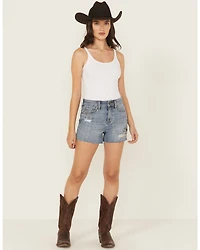 Shyanne Women's Novelty Western Studded Medium Wash High Rise Stretch Denim Shorts