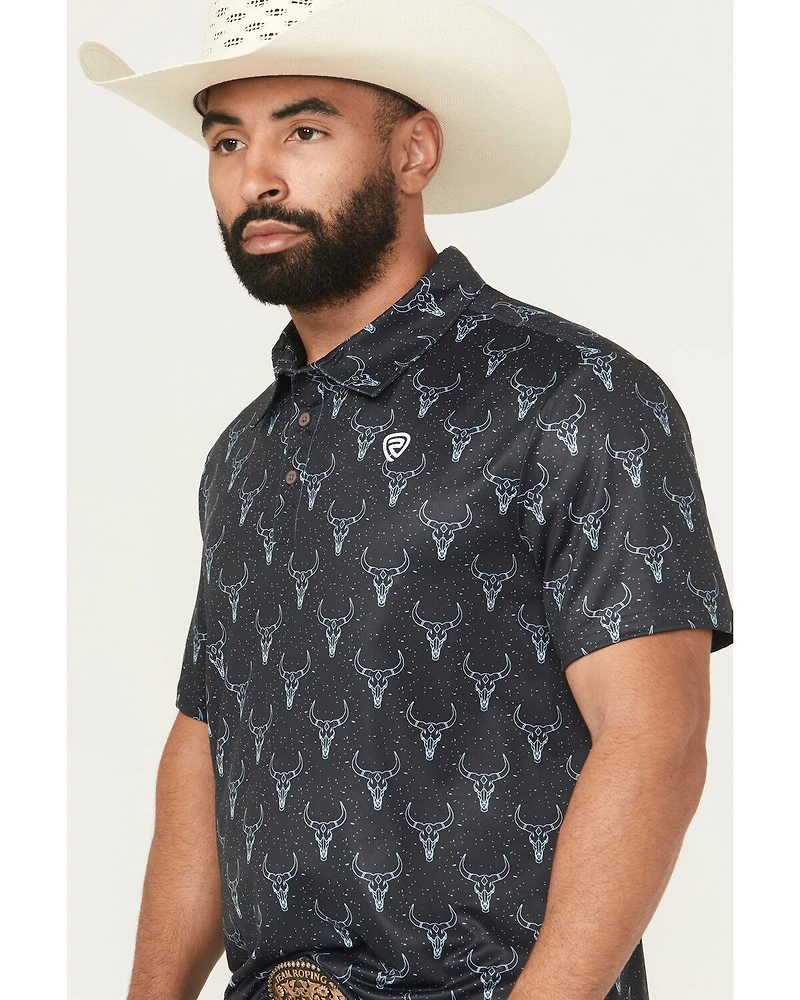 Rock & Roll Denim Men's Longhorn Print Short Sleeve Button-Down Stretch Polo Shirt