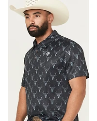 Rock & Roll Denim Men's Longhorn Print Short Sleeve Button-Down Stretch Polo Shirt