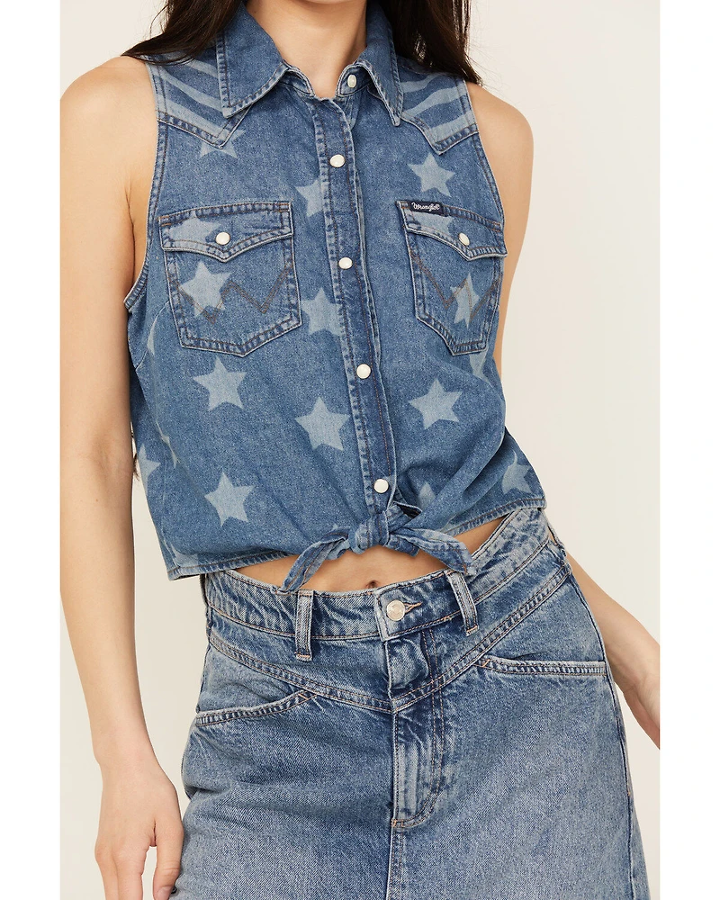 Wrangler Women's Americana Front Tie Sleeveless Snap Western Shirt