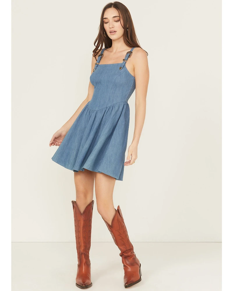 Rock & Roll Denim Women's Medium Wash Buckle Strap Sleeveless Mini Dress