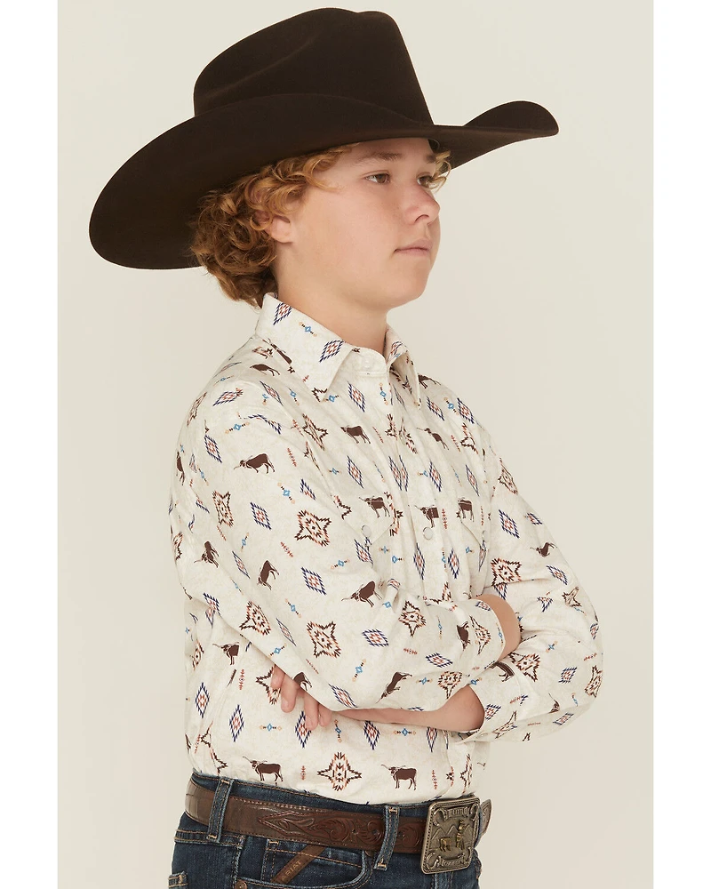 Panhandle Slim Boys' Novelty Steerhead Long Sleeve Snap Stretch Western Shirt