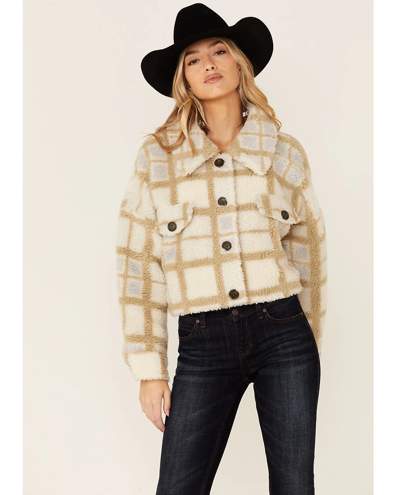 Vigoss Women's Ivory Grid Print Cropped Sherpa Jacket