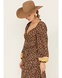 Wild Moss Women's Floral Border Print Long Sleeve Maxi Dress