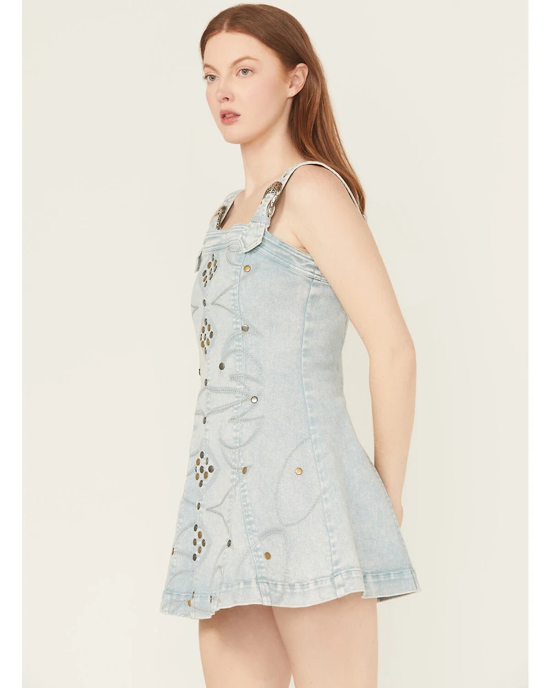 Blue B Women's Light Wash Embellished Buckle Strap Denim Mini Dress