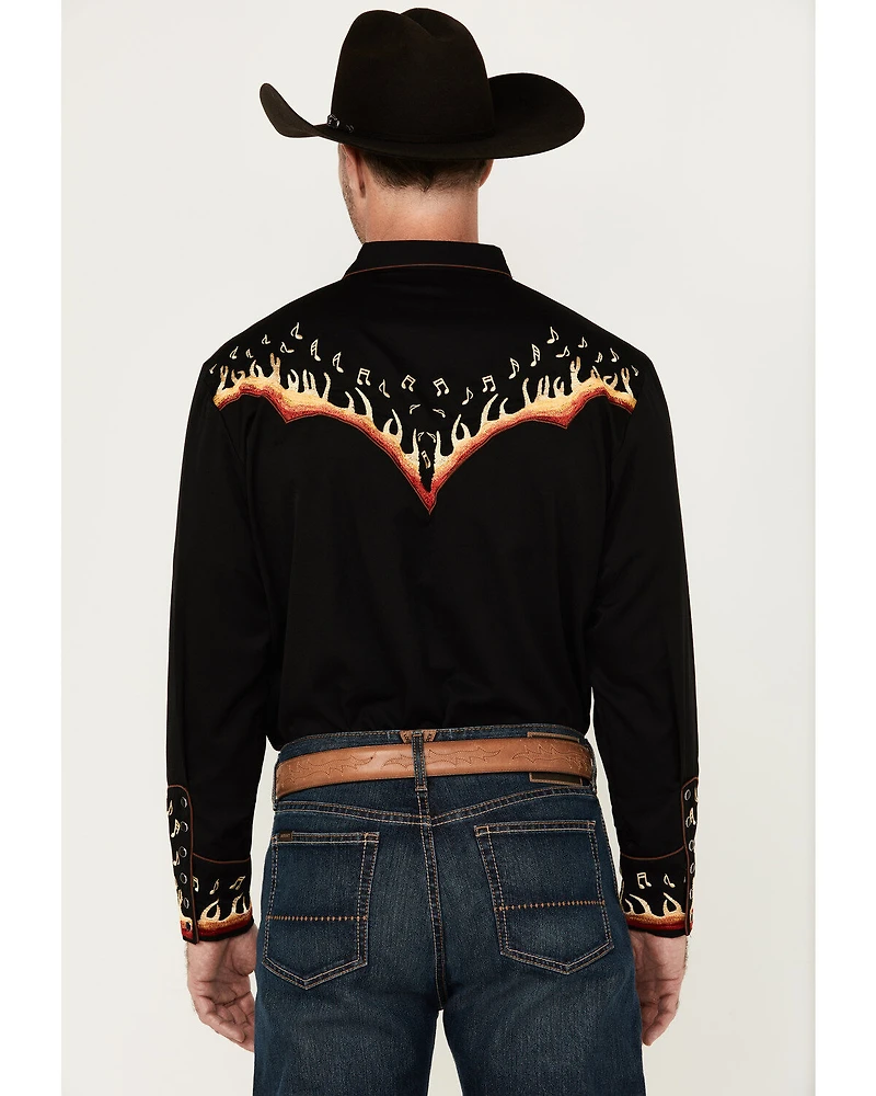 Scully Men's Music Note Flame Embroidered Long Sleeve Snap Western Shirt