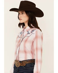Ely Walker Women's Floral Embroidered Plaid Print Long Sleeve Pearl Snap Western Shirt