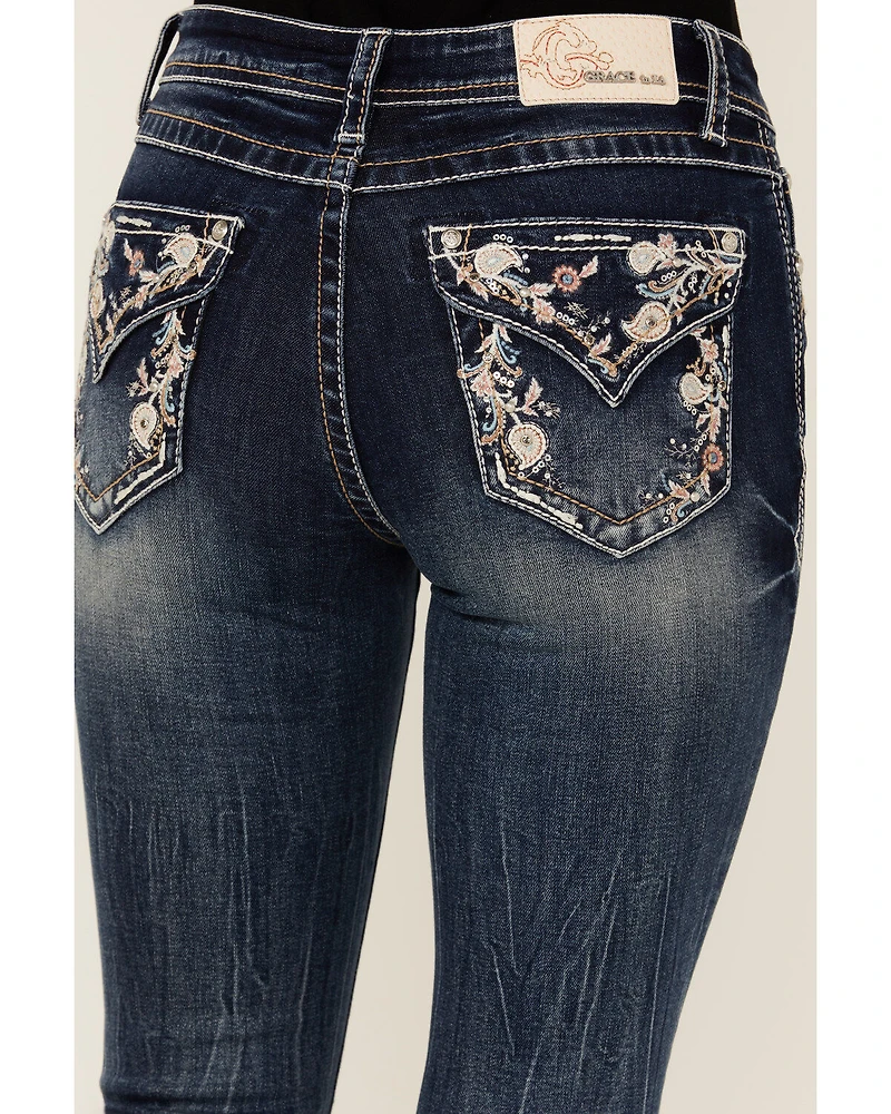 Grace LA Women's Medium Wash Floral Paisley Embroidered Mid Rise Bootcut Stretch Denim Jeans