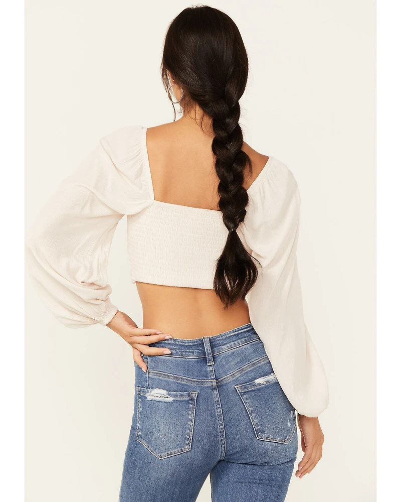 Shyanne Women's Embroidered Mesh Dot Poet Sleeve Crop Top
