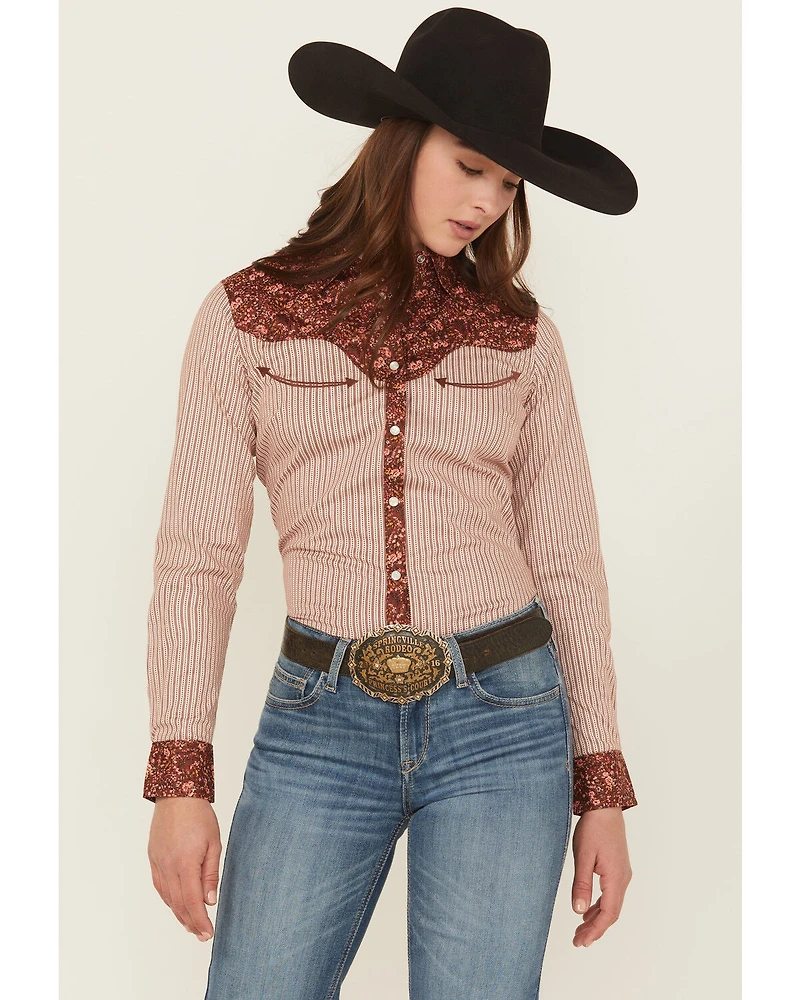 Shyanne Women's Striped And Floral Print Long Sleeve Snap Stretch Western Shirt