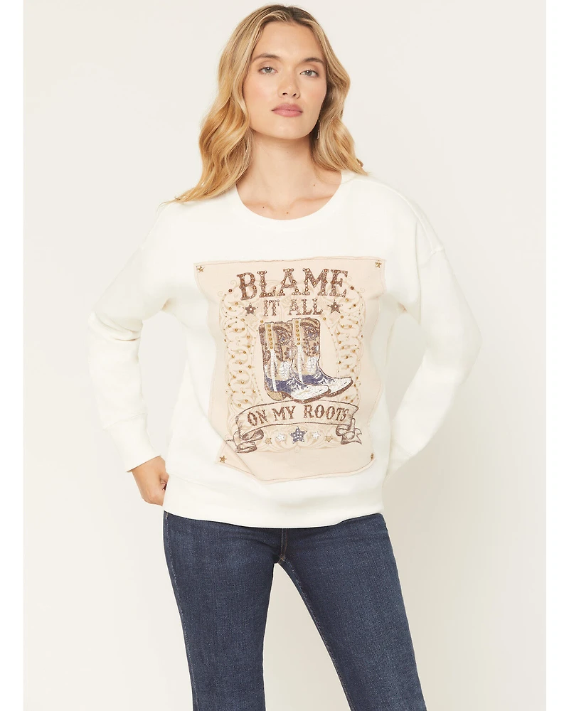 Blended Women's Boots Embellished Graphic Crewneck Sweatshirt