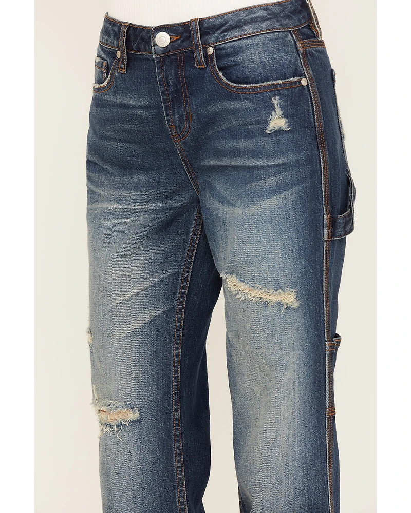 Cleo + Wolf Women's Medium Wash Mid Rise Distressed Cargo Straight Jeans
