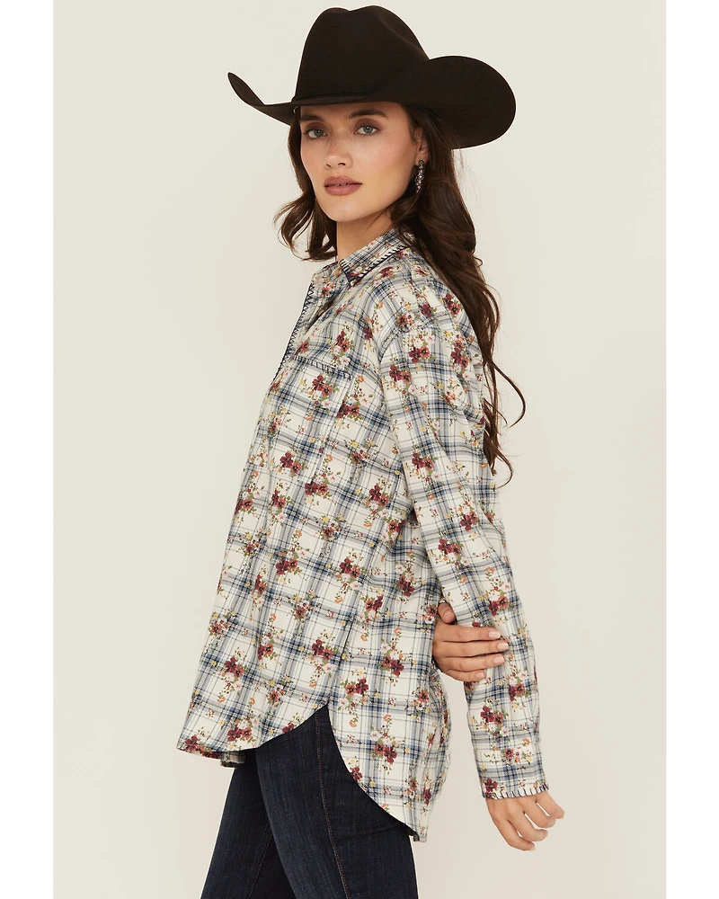 Evergreen Women's Floral Plaid Print Long Sleeve Button-Down Western Shirt