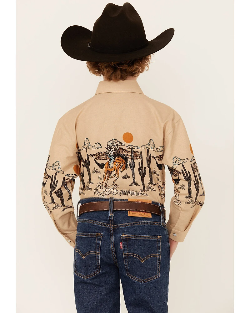 Panhandle Boys' Cowboy Border Print Long Sleeve Pearl Snap Western Shirt