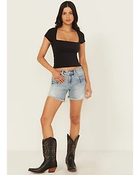 Grace LA Women's Embellished Light Wash Mid Rise Cutoff Stretch Denim Shorts