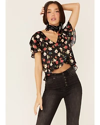 Beyond The Radar Women's Floral Satin Button Front Blouse