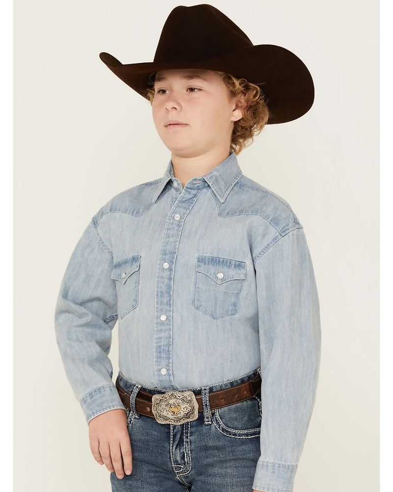 Rock & Roll Denim Boys' Light Wash Long Sleeve Pearl Snap Western Shirt
