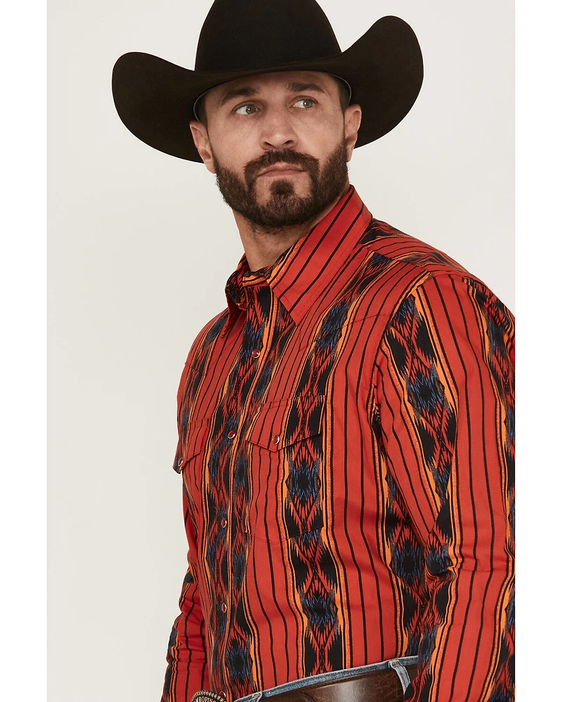 Wrangler Men's Checotah Southwestern Striped Print Long Sleeve Pearl Snap Western Shirt