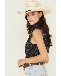 Cowgirl Hardware Women's Branded Print Sleeveless Rhinestone Snap Stretch Western Shirt