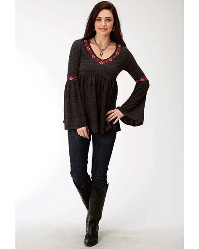 Studio West Women's Bell Sleeve Embroidered Top