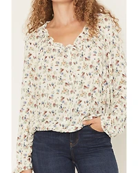 Wild Moss Women's Floral Print Long Sleeve Elastic Hem Peasant Top