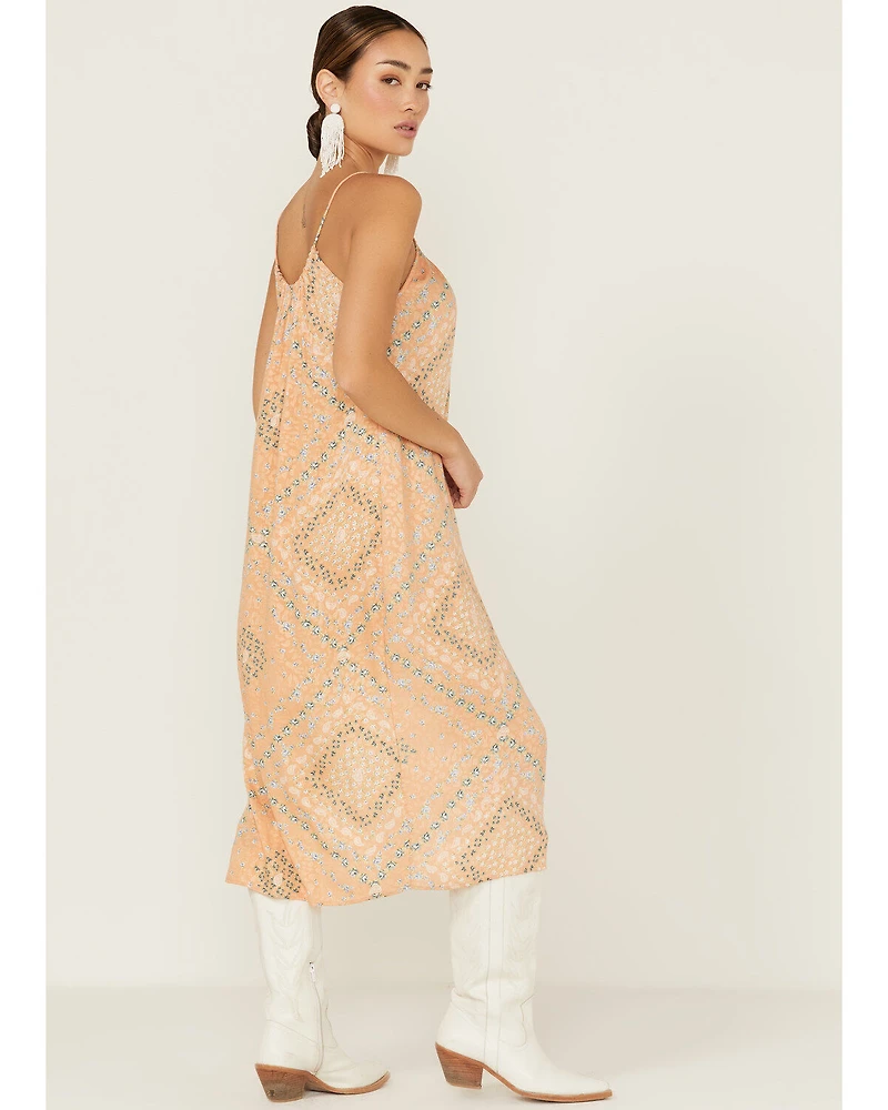 Wild Moss Women's Satin Printed Keyhole Slip Midi Dress