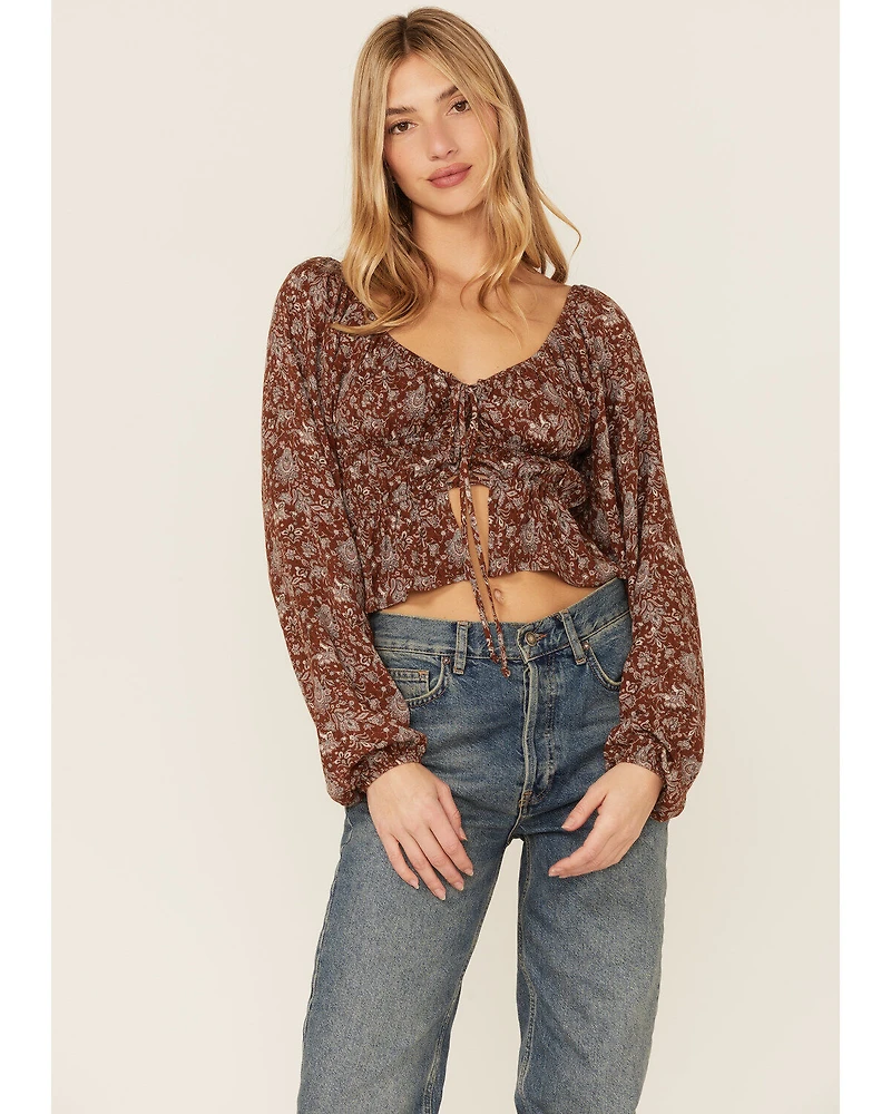 Wild Moss Long Sleeve Tie Front Ranched Floral Top