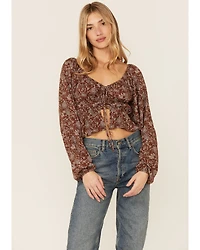 Wild Moss Long Sleeve Tie Front Ranched Floral Top