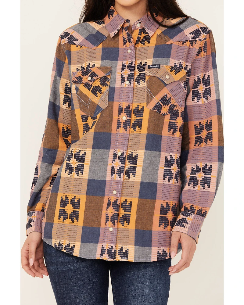 Wrangler Retro Women's Western Vintage Plaid Print Boyfriend Long Sleeve Snap Shirt