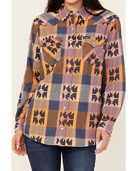 Wrangler Retro Women's Western Vintage Plaid Print Boyfriend Long Sleeve Snap Shirt