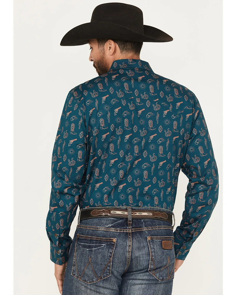 Rock & Roll Denim Men's Cowboy Print Long Sleeve Snap Stretch Western Shirt