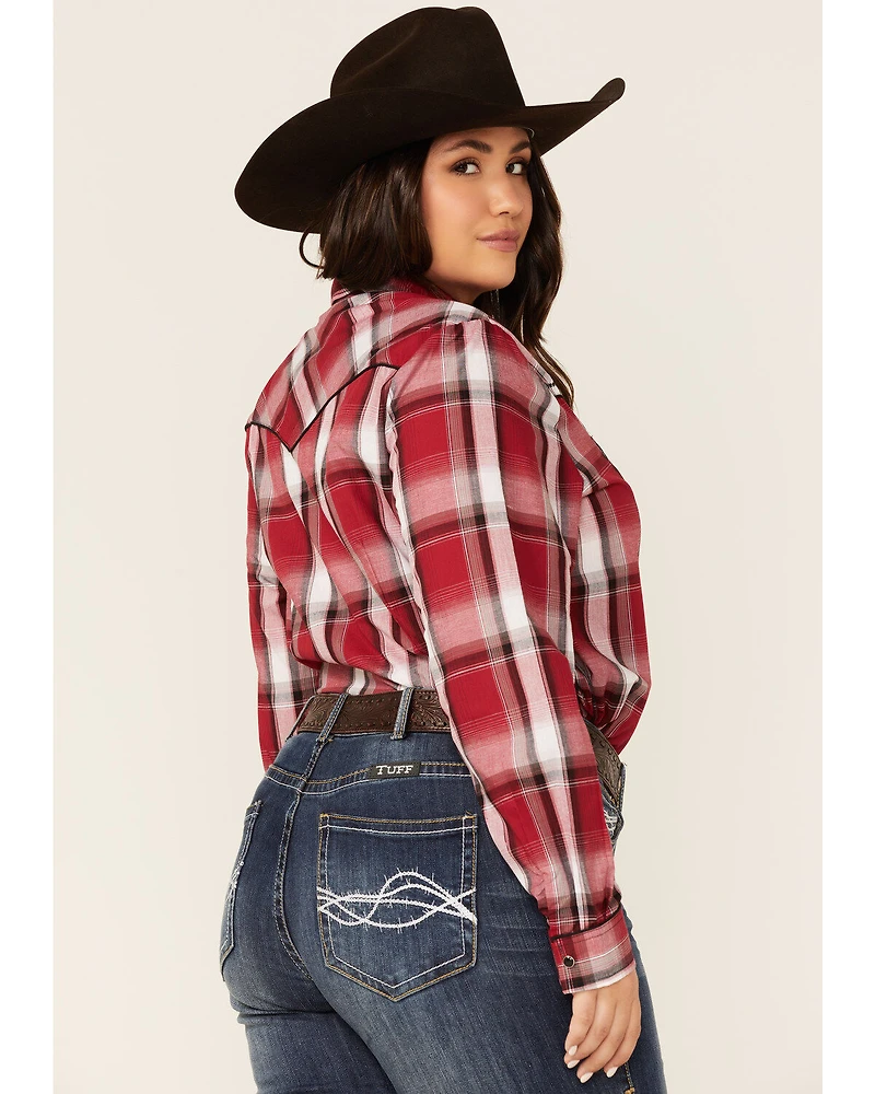 Roper Women's Plaid Print Bull Embroidered Yoke Long Sleeve Snap Western Core Shirt - Plus