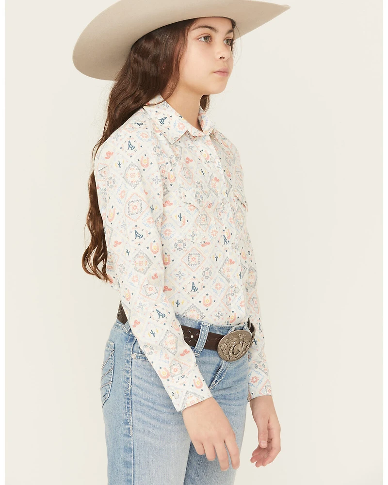 Panhandle Slim Girls' Conversation Print Long Sleeve Snap Western Shirt