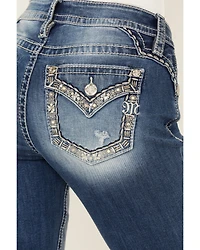 Miss Me Women's Medium Wash Mid Rise Border Flap Pocket 34" Bootcut Stretch Denim Jeans
