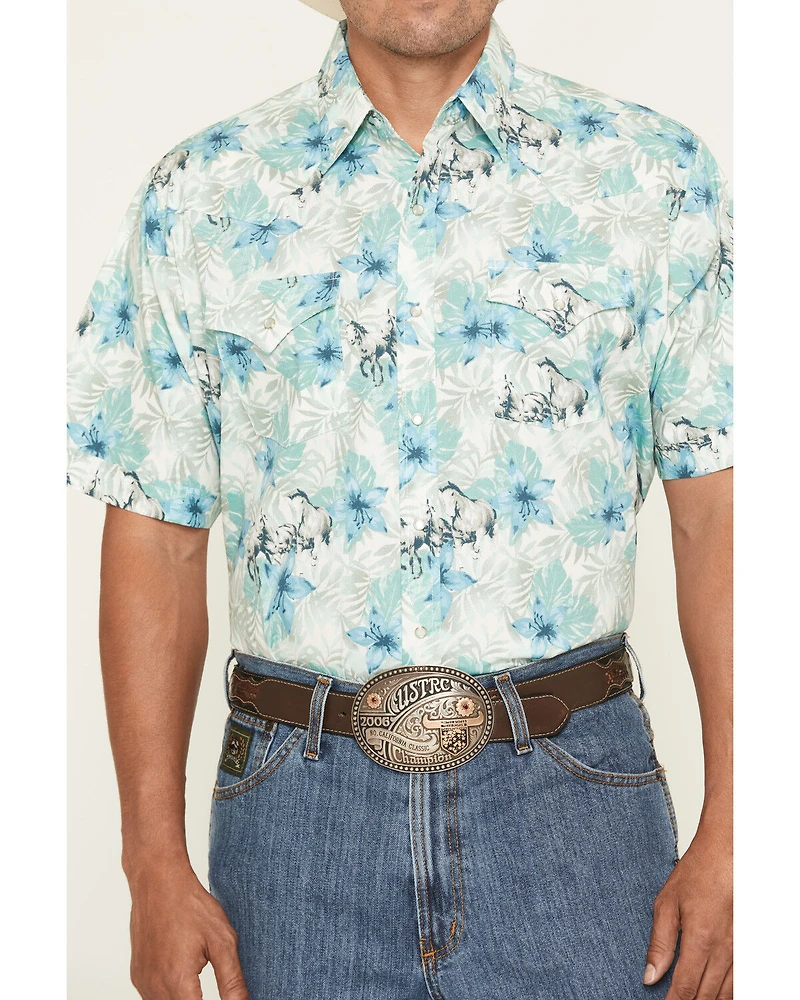 Ely Walker Men's Hawaiian Horse Print Short Sleeve Snap Western Shirt