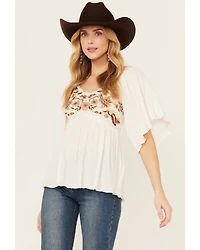 Shyanne Women's Embroidered Bodice Short Sleeve Crinkle Peasant Top