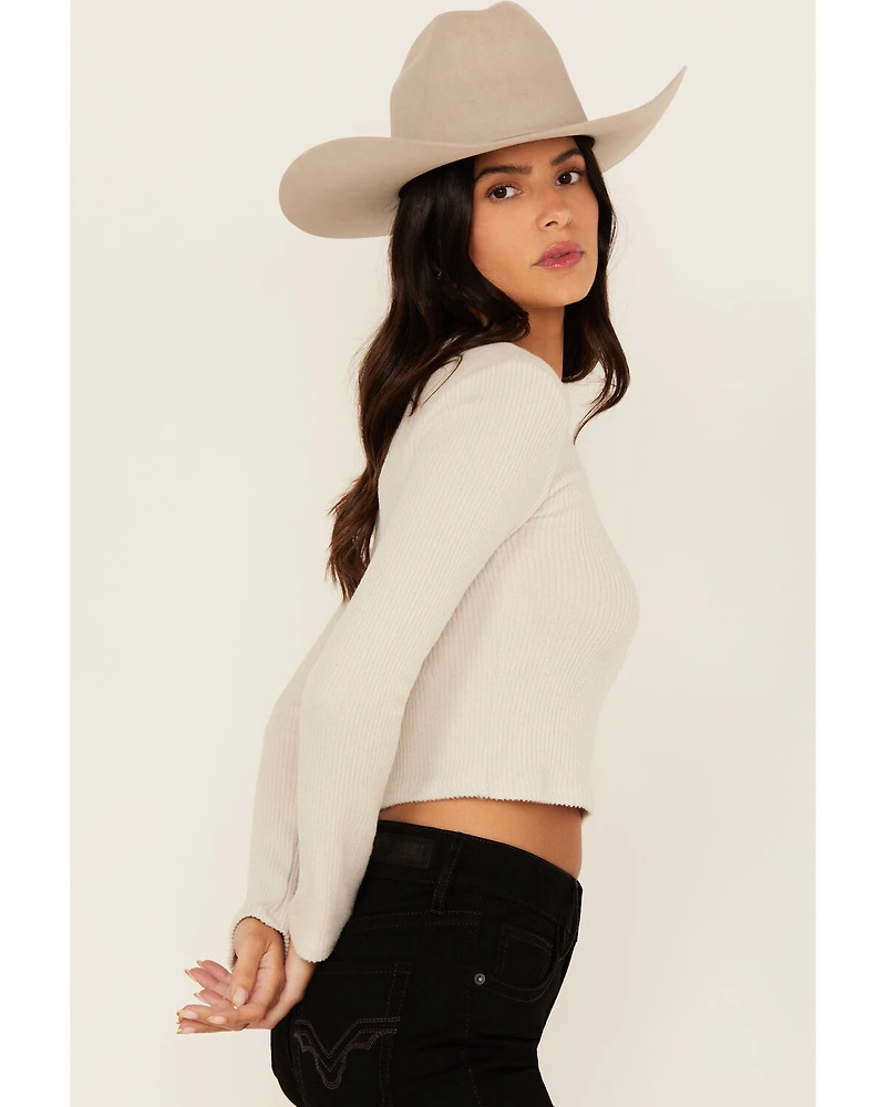 Originality Women's Solid Rib Knit Long Sleeve Cropped Shirt