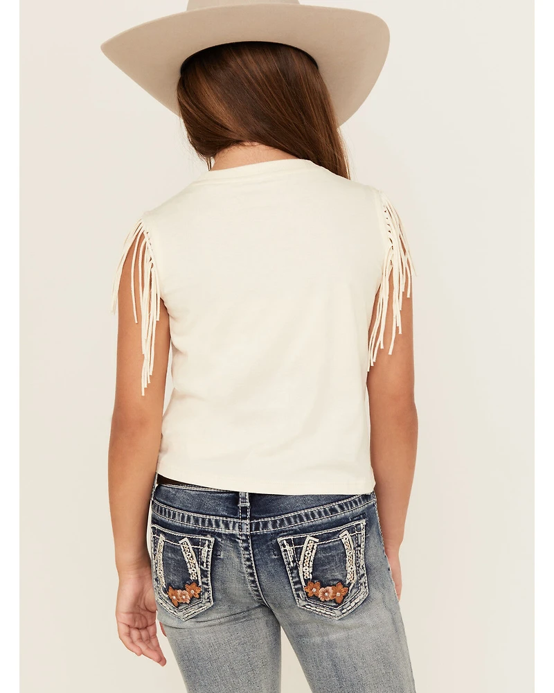 Shyanne Girls' Cowgirl State Fringe Sleeve Tie-Front Tee