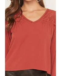 Eyeshadow Women's Long Sleeve Lace Contrast Peasant Top