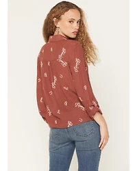 June & Hudson Women's Western Embroidered 3/4 Sleeve Button-Down Shirt