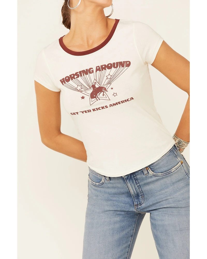 Shyanne Women's Off-White Horsing Around Graphic Short Sleeve Ringer Tee