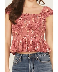 Rock & Roll Denim Women's Floral Print Sleeveless Smocked Top