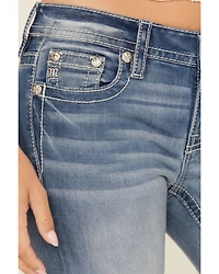 Miss Me Women's Light Wash Mid Rise Butterfly Pocket 32" Bootcut Stretch Denim Jeans
